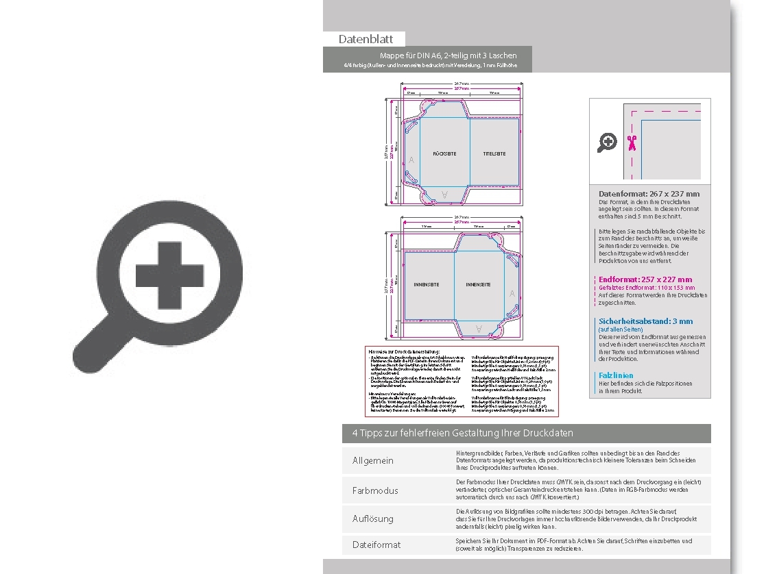 Product Bild mappe_f__r_din_a6__2-teilig_mit_3_laschen__4_4_farbig_(au__en-_und_innenseite_bedruckt)__mit_hei__folienpr__gung_silber